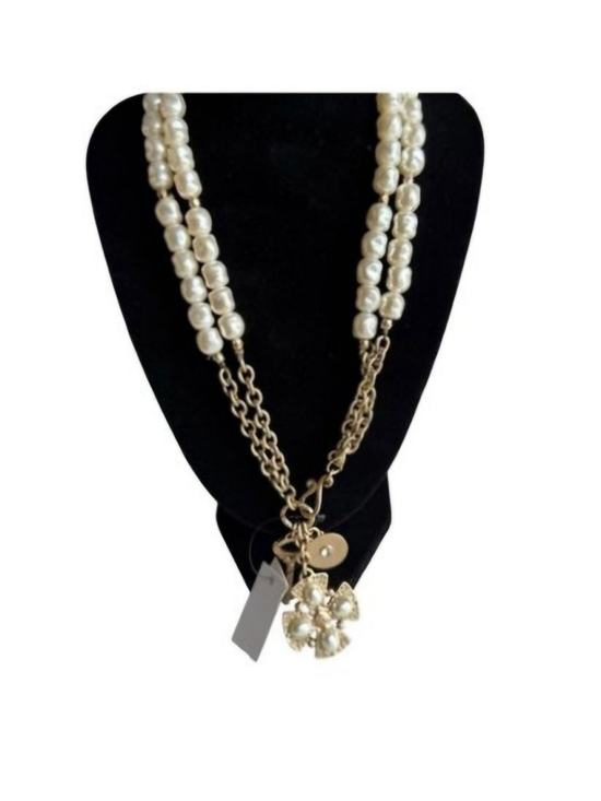 Chico's Jewelry - NWT Chico's Necklace Faux Pearl Double Strand White Goldtone Medallion Key Charm